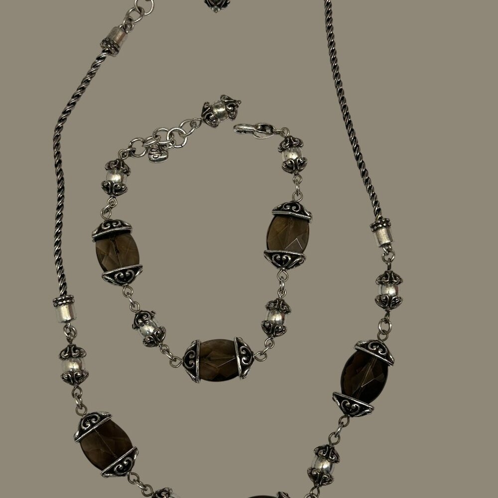 Brighton Night Mist Silver Tone Scrolled Smokey Quartz Stone Necklace & Bracelet - Picture 3 of 13